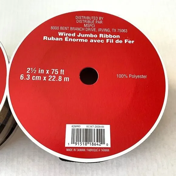 2 Celebrate It Christmas Plaid Buffalo Black Tan Wired Jumbo Ribbon 2.5 in New - Picture 4 of 5